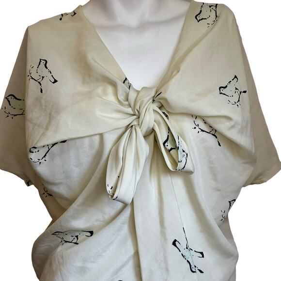 Anthropologie Girls from Savoy Novelty Bird Blouse Raw Trim Edges Cream sz 2 - Picture 2 of 10